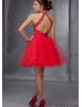 Tulle Beaded High Neck Sexy Back Knee Length Prom Dress 